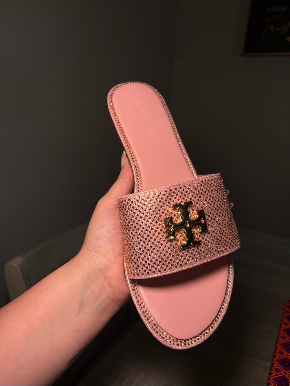 Tory Burch Rose Pink Crystal Logo Slide Sandal